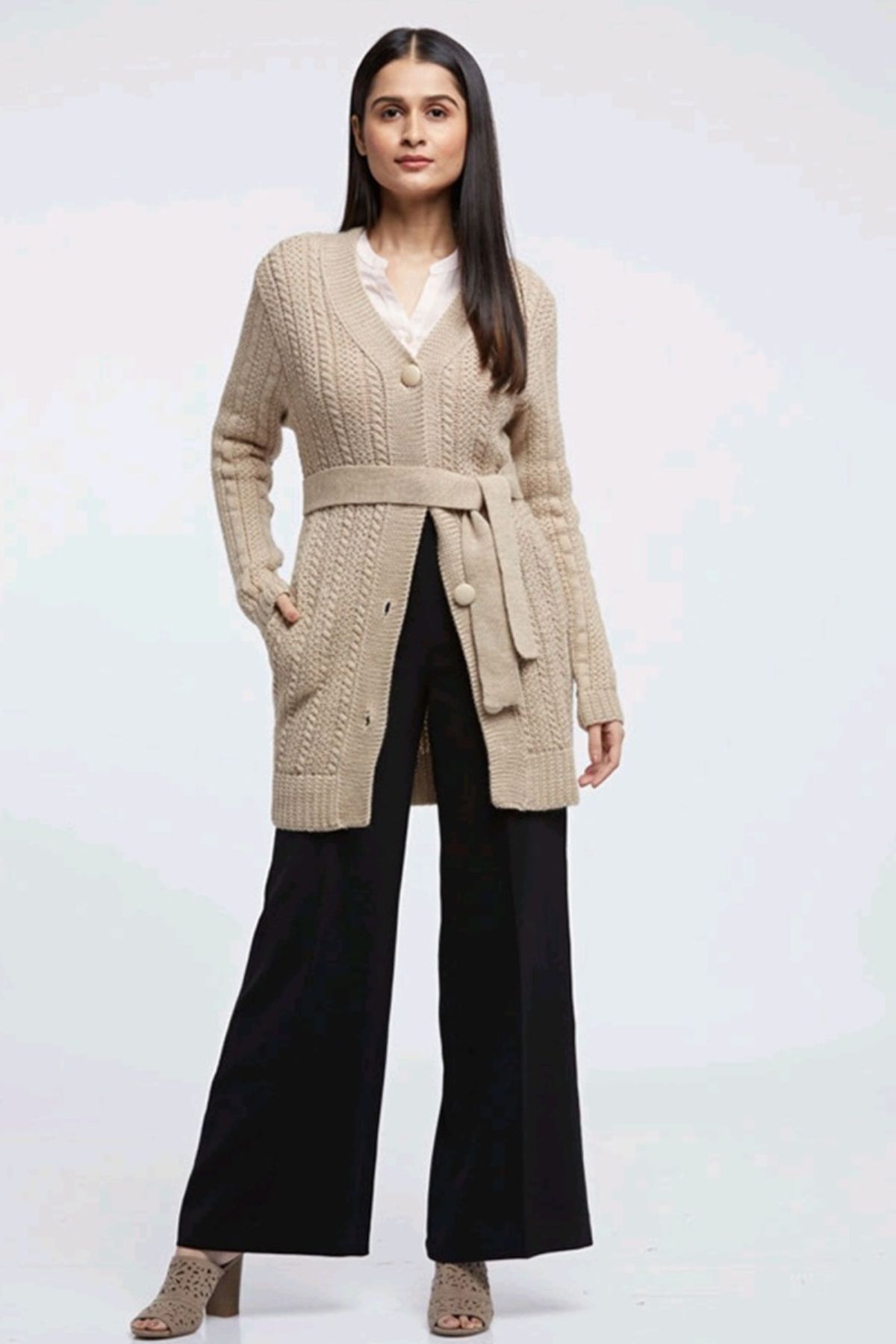 Beige Merino Wool Long Cardigan With Belt| Women